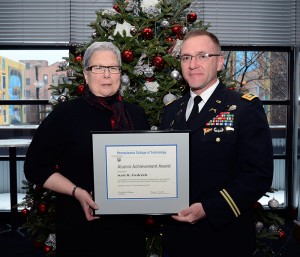 Pennsylvania College of Technology President Davie Jane Gilmour with U.S. Army Capt. Scott M. Frederick, recipient of the college’s Alumni Achievement Award.