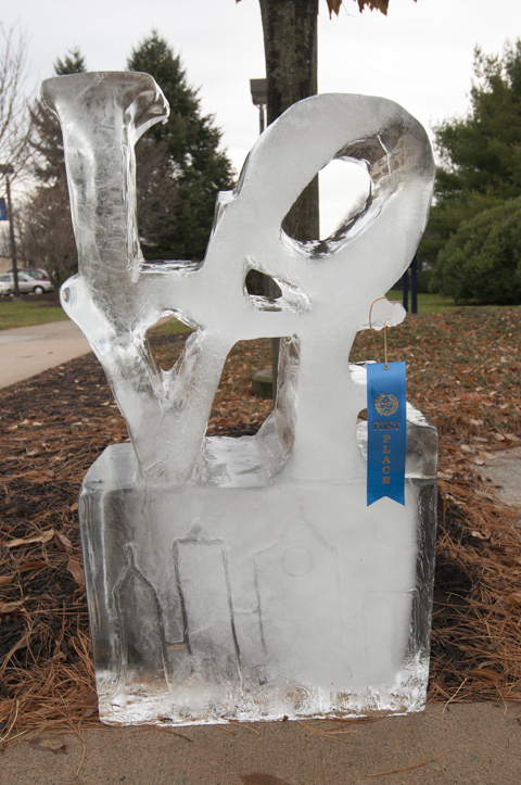 The blue-ribbon ice sculpture honors the City of Brotherly Love.