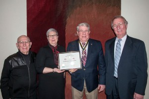 From left, Anthony L. DiSalvo, chair of the National Flag Foundation local chapter; Penn College President Davie Jane Gilmour; Thomas E. Gouldy, president of the Tiadaghton Chapter of the Sons of the American Revolution; and William J. Martin, retired senior vice president.