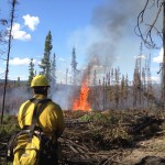Firefighters work to tame the blaze on steep Alaskan terrain.