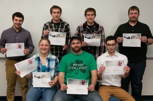 Penn College engineering design students display industry certifications related to Autodesk. From left: Alex P. Fair, Bradford; Rachel E. Heller, Allison Park; David J. Donowski, Tunkhannock; Ian M. Dorman, Mill Hall; Daniel J. Donowski, Tunkhannock; Justin R. Vent, Drexel Hill; and Brian L. Hockenberry, Lewistown. Not pictured: Nicholas E. Leasure, Nazareth;  and Ryan D. Roth, Lebanon.