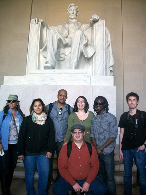 Gathered in front of the Lincoln Memorial – and behind their fellow student Todd D. Robatin, of Selinsgrove – are (from left) Leslie J. Schafferman, of Williamsport; Alyssa J. Morales, of Reading; Allen M. Brown, of Hazleton; Jessica L. Reed, of Muncy; Kenny Eugene, of Philadelphia; and Kashiki E. Harrison, of Williamsport.