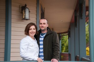 "Alumni Sweethearts" Aurora D. (DiRocco) and Joshua A. Bonner enjoy early spring outside the Victorian House.