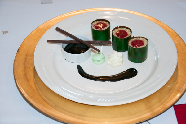 A sushi-inspired desert, featuring rice pudding and dark chocolate with green cocoa butter, receives second place. It was created by Katlyn J. Hackling, of Lake Hiawatha, N.J.