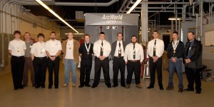 Fresh from competition in Hershey, many of Penn College's SkillsUSA medalists pause for a group photo in the welding lab with their faculty mentors. From left are Jerome T. Czachor; Glenn R. Luse, masonry instructor; Kyle T. Potts; Andrew S. Manley; Benjamin S. Welch; Wyatt F. Fink; Nicholas S. Choiniere; Darren J. Layre; Tyler A. Spear; Randall J. Haynes; Chad M. Austin; and James N. Colton II, assistant professor of welding and the college's SkillsUSA adviser. (Not present, but pictured below, are Marc T. Kaylor and Nicole Reyes-Molina.)