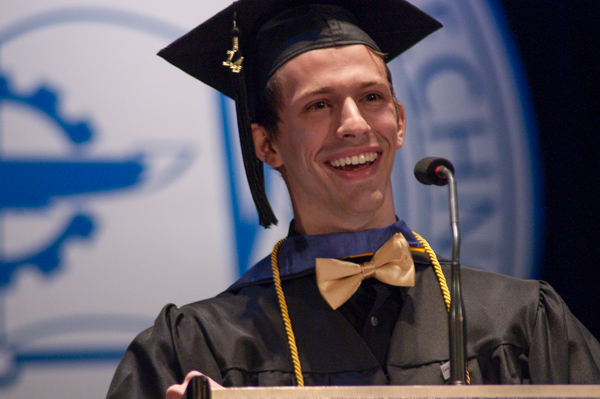 A sunny yellow bow tie looks good on Saturday morning's commencement speaker, Benjamin M. Schappell. 