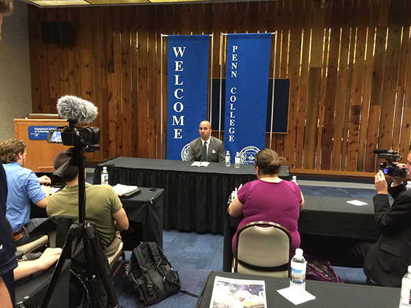 Franklin meets the press prior to a sold-out lunch across campus.