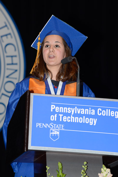 Saturday afternoon student speaker Ashley G. Maietta addresses graduates and their families.