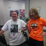 Burning the midnight oil (and enjoying every second of it) are Amy S. Lingg (left), Dining Services marketing assistant, and Katie L. Mackey, coordinator of off-campus living and commuter services.