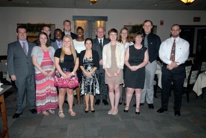 Penn College Award-winners celebrate their achievement in Le Jeune Chef Restaurant. Front row, from left: Matthew A. Wagner, Samantha-Jo M. Bradley, Cassandra B. Mohr, Ashley G. Maietta, Taylor R. Lapointe, Sarah M. Shivock and Troy C. Weimer. Back row, from left: Matthew D. Lowe, Kenny Eugene, Steven M. Seguine, Nyala R. Allen, Chester M. Beaver, Leah D. Tamburlin and Joseph W. Bourgart.