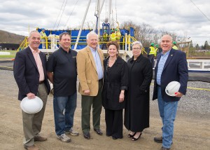 At the dedication for the drilling rig simulator at Penn College’s Energy Technology Education Center are, from left: state Rep. Garth Everett, who serves on the college’s board of directors; Brian Young, district operations manager for Trican Well Services; state Sen. Gene Yaw, chairman of the board; Tracy L. Brundage, assistant vice president for workforce and economic development; President Davie Jane Gilmour; and Lycoming County Commissioners Chairman Jeff Wheeland.