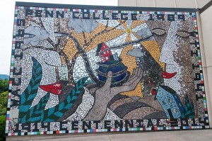A mosaic created for Penn College’s Centennial by eight students and an instructor adorns a wall at the Physician Assistant Center on the main campus.