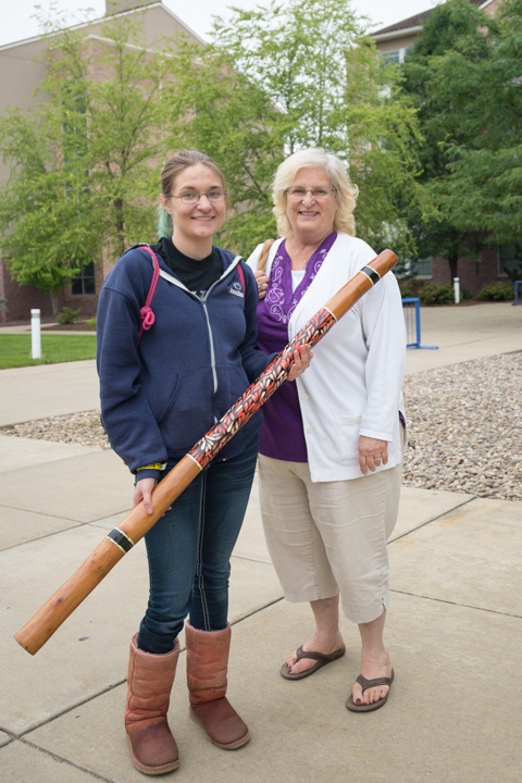 Dawn M. Franck, a first-year studio arts major from Mifflinburg, brought along a prized possession she purchased on a trip to Australia – an indigenous wind instrument called a didgeridoo. Here, she is joined by her grandmother, Susan. 