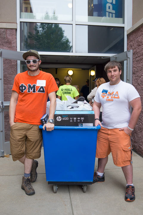 Fraternity brothers are among those pitching in to help, including Phi Mu Delta's Kevin F. Alwine, left, a sophomore in welding and fabrication engineering technology from Milton, Vermont, and Jonathan F. DeRoner, a senior in computer aided product design from Thurmont, Maryland. Alwine serves as recruitment chairman for the college’s Inter-Fraternity Council and DeRoner is a resident assistant.