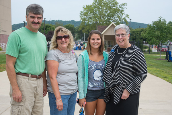 Later, Bitting and her parents, Jeffrey and Cathy, enjoy meeting President Gilmour. Bitting’s brother, Scott A., graduated in May with a degree in computer aided drafting technology, so the Bittings moved one child out and another child into Penn College in the same year.