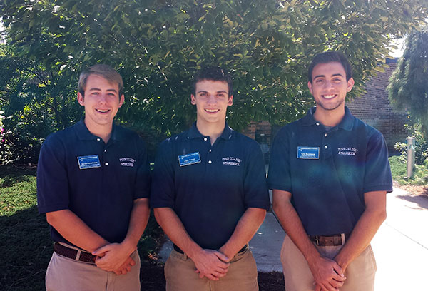 A trio of helpful Presidential Student Ambassadors helped employers by unloading their recruitment materials and guiding guests to their tables. From left are welding and fabrication engineering technology majors Garrett D. Corneliussen, of Hickory, North Carolina, and Logan M. Tubiello, of Ottsville, and Ryan Monteleone, of Stevens, enrolled in information technology: network specialist concentration.