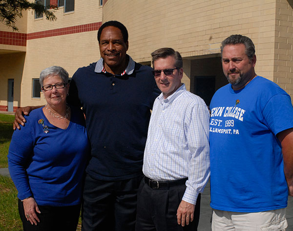 A powerhouse lineup outside the Campus Center: from left, college President Davie Jane Gilmour (who also chairs the Little League International Board of Directors); Hall of Famer Dave Winfield; Stephen D. Keener, president and chief executive officer of Little League International; and Penn College Wildcat baseball coach Christopher H. Howard.