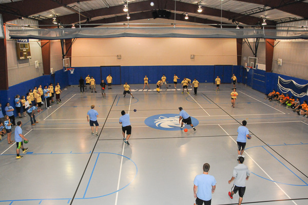 The Field House weight room offers a perfect vantage on the dodgeball action between Campus View and off-campus tenants.