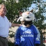With moral support from the Wildcat, vice president for academic affairs/provost Paul L. Starkey issues the “ice bucket challenge” to the cabinet of Lycoming College President Kent C. Trachte.