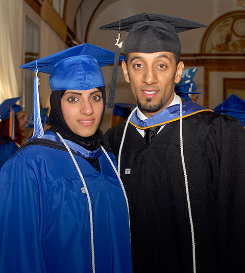 Husband-and-wife grads Hana Ali Almuhathab, applied health studies: occupational therapy assistant concentration, and Abduljabar Khamees Hamadeen, welding and fabrication engineering technology, international students living in South Williamsport, celebrate their joint accomplishment.