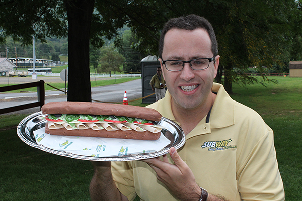 Jared Fogle, national spokesman for Subway restaurants (an event sponsor) stopped by the picnic, which happened to fall on his birthday. To help him celebrate, baking and pastry arts student Marci  L. Cohen, of Clarks Summit, Chef Todd M. Keeley, instructor of baking and pastry arts/culinary arts, created a sub-shaped cake.