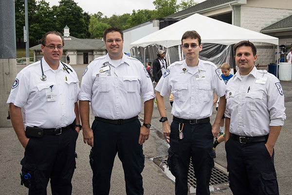 Among School of Health Sciences student volunteers on duty Saturday are, from left, Timothy W. Lorson, of Williamsport; Michael S. McNeill, of Aspers; Ryan M. Egan, of Levittown; and Stephen M. Yonkin, of Dushore. 