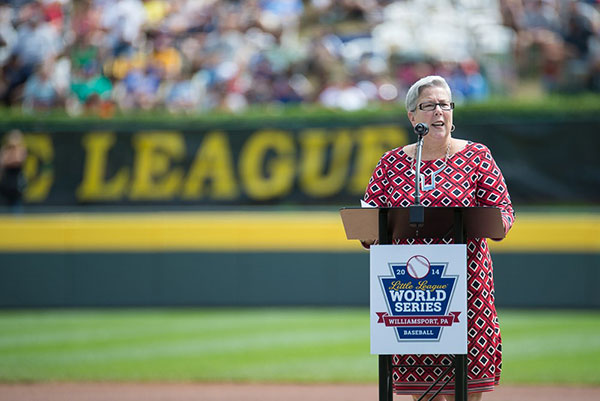 In her capacity as chair of the Little League International Board of Directors, Gilmour addresses the 25,000-plus crowd at Howard J. Lamade Stadium for Sunday's title matchup.