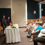 Vaughn addresses an attentive group culinary arts, baking and pastry arts and hospitality management students in the SASC Presentation Room.