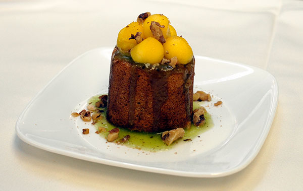 ... for a warm spice cake that included streudel crumbles, balled mango and toasted walnuts.