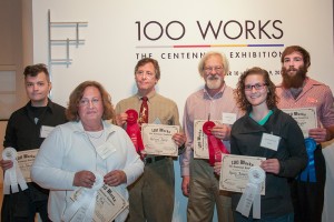 Winners of awards at the opening of "100 Works! - The Centennial Exhibit" at The Gallery at Penn College are, from left: Jeremiah C.  Johnson, Judith A. Fink, Richard B. Karp, William F. Geyer, Kacey S. Ammerman and Brandon L. Snyder.
