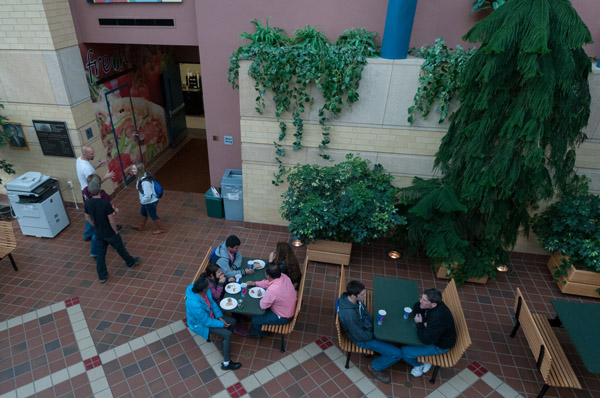 The atrium of the Breuder Advanced Technology and Health Sciences Center invites respite, refreshment and regrouping during the Open House experience.
