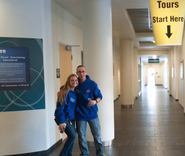 Jenna E. Kline and Gaven D. Crosby, Resident Assistants at The Village at Penn College, strike an amiable pose between tours of on-campus housing at Dauphin Hall.
