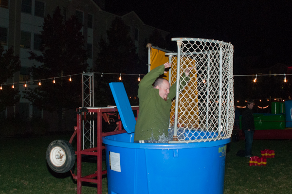 Ever a good sport, Residence Life coordinator Matthew C. Helf is plunged into the dunk tank.