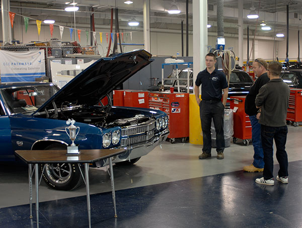 Sean M. Hunter, an automotive restoration technology major from Livingston, New Jersey, shows off the restored 1970 Chevelle Super Sport in College Avenue Labs. The latest collaboration between students and the Antique Automobile Club of America Museum in Hershey, the car recently brought home a first-place junior award.
