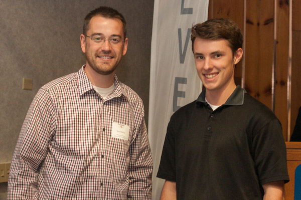 Sean Stabler, a 1999 graduate in plastics and polymer engineering technology (left) meets his scholarship recipient: Collin A. Shableski, a freshman from Linden in the same major. 