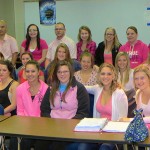 Clinical supervisors Lauren E. Reed (far left, back row) and Karen L. Plankenhorn (far right, back row) join the senior class of radiographers in a "Pink Out."