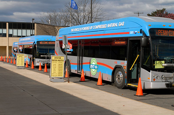 River Valley Transit buses – a Main Campus circulator,  as well as hourly shuttles to the Schneebeli Earth Science Center and Lumley Aviation Center – await departure outside the Carl Building Technologies Center.