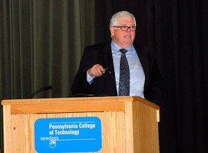 Alumnus and scholarship donor Jeff Erdly talks with Penn College students during a campus presentation in October.