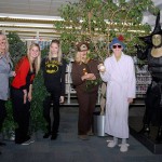 Costumed characters and critters inhabit the first floor of The Madigan Library for Halloween. From left: Diana L. Worth, library operations/public services assistant; Blair E. Mattocks, library support services assistant; student worker Kathryn M. Jaconetta, library operations/public services; and librarians Judy J. Zebrowski, Judy F. McConnell and Georgia R. Laudenslager.