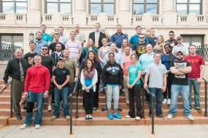 A sampling of student veterans gathers on the Klump Academic Center steps with Chester M. Beaver (front row, left), the college’s veterans affairs coordinator, and Paul L. Starkey (back row, center), vice president for academic affairs and provost.