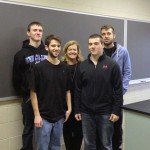 Jennifer L. McCracken celebrates with four of five students with unblemished attendance in her FYE class. From left are Justin C. Zetwick, a machine tool technology major from Rixford; Luke S. Orzechowski, of Newtown, studying plastics and polymer technology; Bradley R. Day, of Hawley, enrolled in information technology: information assurance and security concentration; and Jacob C. Weller, a welding and fabrication engineering technology major from Reading. Absent was Nicholas E. Mills, a residential builder student from Tyrone.