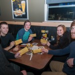 Students from varied majors (but a unified objective) enjoy a collegial night out. From left are Chad L. Royer, of Ephrata; Michael S. Goetz, of Harleysville; Joshua L. Blank, of West Chester; Katelyn N. Sides, of Lebanon; and Evan R. Hughes, of Newton, N.J.