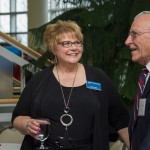 Debra M. Miller, vice president for institutional advancement, talks with William Knecht, who, along with his wife, supports the Marie E. Knecht Scholarship.
