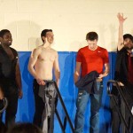 The host has fun with Sigma Pi brothers (from left) Kyle N. Johnson, Semeon R. DeBarros, Michael A. Coletti, Nicholas S. Visconti and Luke S. Orzechowski, who performed "It's Raining Men."