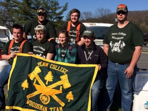 Representing Penn College at the 2015 Mid-Atlantic Woodsmen’s Meet are (standing, from left) Taylor C. Moyer, Boyertown; James C. Synol, Bloomingdale, New Jersey; and Cameron M. Aumiller, McClure; and (holding banner, from left) Dalton C. Dougherty, Lancaster; Branden C. Palmer, Burdett, New York; Ashton N. Rockwell, Greencastle; and Dylan K. McNaughton, Sherman’s Dale. 