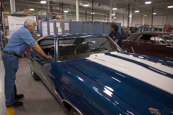 Leno chats over the 1970 Chevrolet Chevelle SS with Vanessa Mathurin, of Philadelphia. 