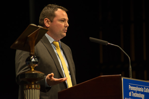 Adam J. Yoder accepts his Volunteer of the Year award and offers advice to new alumni about staying involved with Penn College.