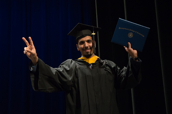 Abdulrahman R. Aldebas, a heating, ventilation and air conditioning design technology student – and the School of Construction & Design Technologies' first Saudi Arabian graduate – crosses the stage ...