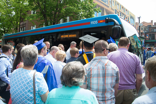 River Valley Transit buses take graduates and their families back and forth between the Arts Center and the main campus.