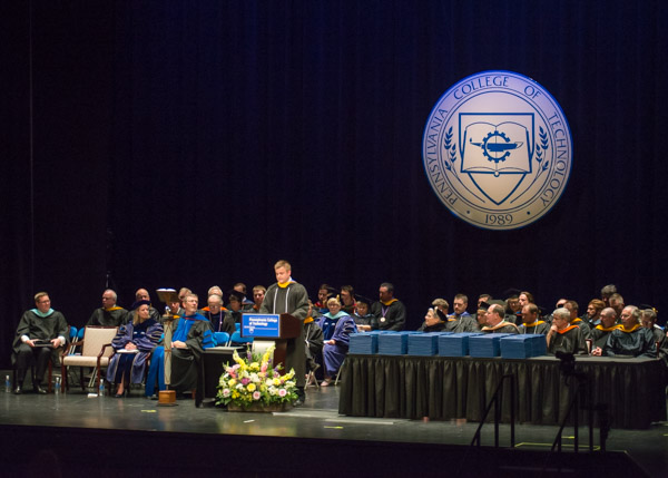 Matthew J. Glodowski, who conscientiously led both the Architecture Club and the U.S. Green Building Council Students of Penn College, takes to the magnificent Community Arts Center stage for his Friday address.